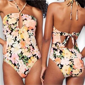 Shade&Shore Multi Floral Halter Keyhole Bandeau Tie Back One Piece Swimsuit NWT